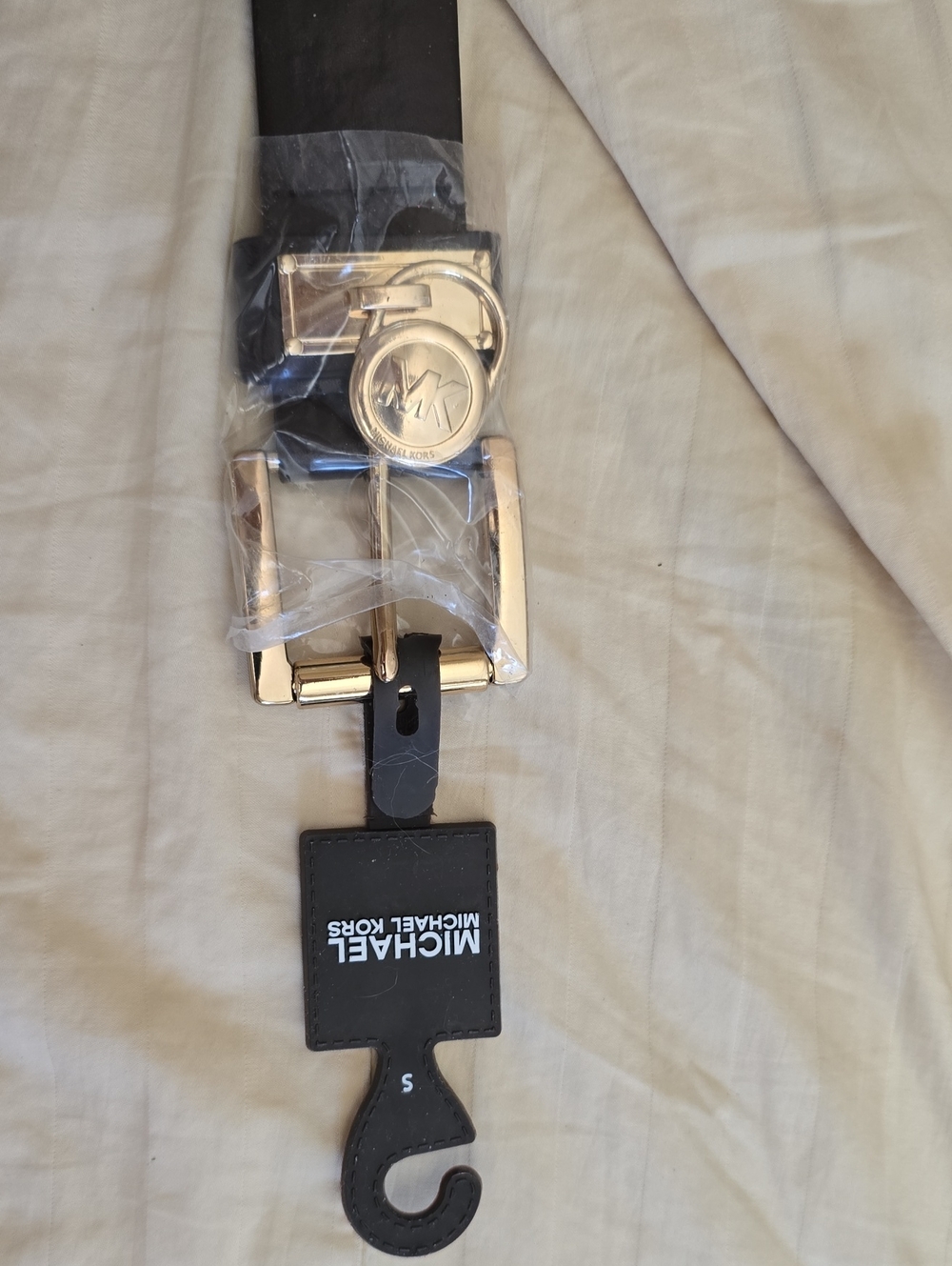 Michael Kors Brown Leather Belt with Gold-Tone MK Logo Buckle